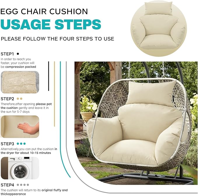 Egg Chair Cushion Replacement, Waterproof Thicken Hanging Egg Swing Chair Cushion for Outdoor Furniture, Wicker Rattan Hammock Basket Cushion with Headrest Pillow 47x31.5x4.7 inch(Cream)