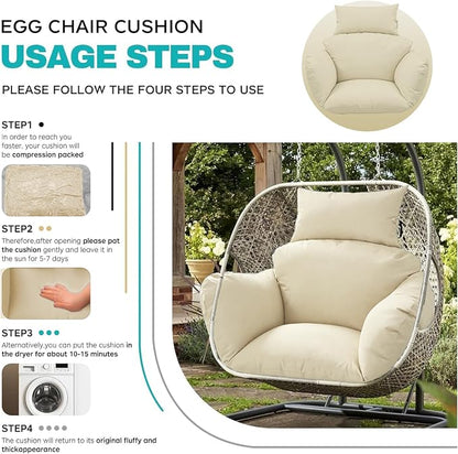 Egg Chair Cushion Replacement, Waterproof Thicken Hanging Egg Swing Chair Cushion for Outdoor Furniture, Wicker Rattan Hammock Basket Cushion with Headrest Pillow 47x31.5x4.7 inch(Cream)