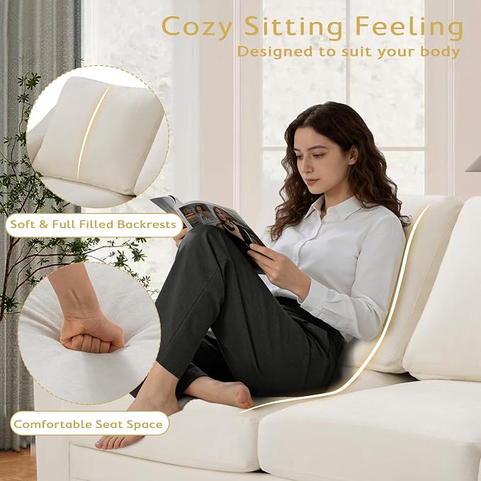 83” Chenille 3 Seats Sofa w/Comfortable Back Cushions, Beige | Modern Couch w/Deep Seat Space, Upholstered 3 Seater Sofa w/High Resiliency Foam for Living Room