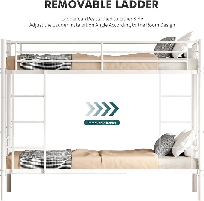 Bunk Bed Twin Over Twin, Metal Bunk Bed with Front Ladder and Safety Guardrail, Space-Saving Twin Bunk Beds for Kids, Teens & Adults, No Box Spring (Front Laddder, White)