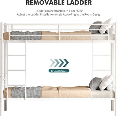 Bunk Bed Twin Over Twin, Metal Bunk Bed with Front Ladder and Safety Guardrail, Space-Saving Twin Bunk Beds for Kids, Teens & Adults, No Box Spring (Front Laddder, White)