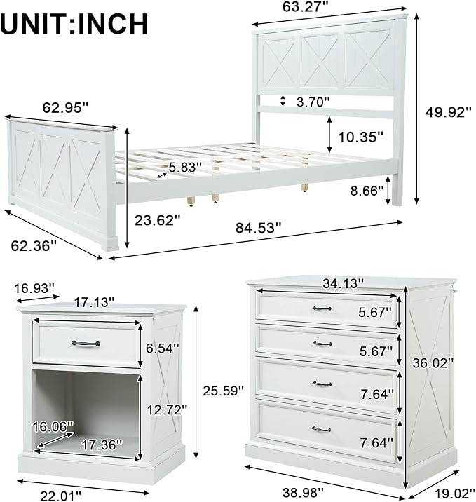 4 Piece Bedroom Set Queen Size Bed Frame with Dresser and 2 Nightstands | White Platform Bed Frames,4 Storage Drawers Cabinet,Farmhouse Bedroom Furniture Sets,Sturdy Wooden Slat Support,Guest Room
