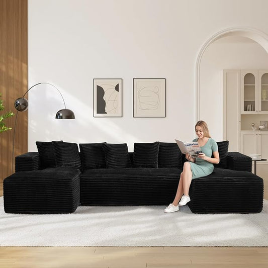 131" Oversized U Shaped Cloud Sectional Couches for Living Room, Comfy Fluffy Corduroy Black Boneless Sectionals Couch, Plush Memory Foam Modular Sectional Sofa with Chaise- 19" Seat Height