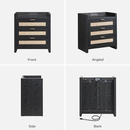 SICOTAS Rattan Nightstand Bedside Table - Larger Night Stand with Type-C Charging Station, 3 Drawers Storage - Boho Night Stands End Table for Bedroom - Black Oak