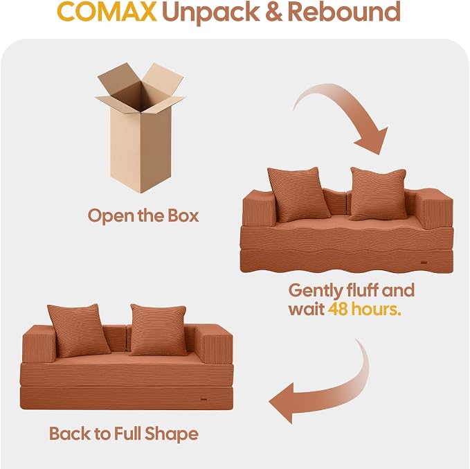 COMAX Futon Sofa Bed, Convertible Sofa Bed, Folding Boneless Couches | Boneless Couch for living room, Fold Out Small Foldable Loveseat Floor Sleeper Mattress Lounge Space‑Saving, Light Orange