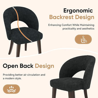 Dining Chairs Set of 2, Mid Century Modern Dining Chairs with Solid Wood Legs, Curved Back Kitchen Chair Farmhouse Side Upholstered Chairs for Kitchen Dining Room, Black