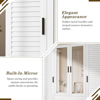 jiteentarou 4 Door Armoire Wardrobe Closet Cabinet with Drawers and LED Lights, Multi-Tier Shelves, Hanging Rod & 4 Louver Doors, Large Capacity Storage Wardrobe Armoire for Bedroom(4 Doors White) | 4 Door