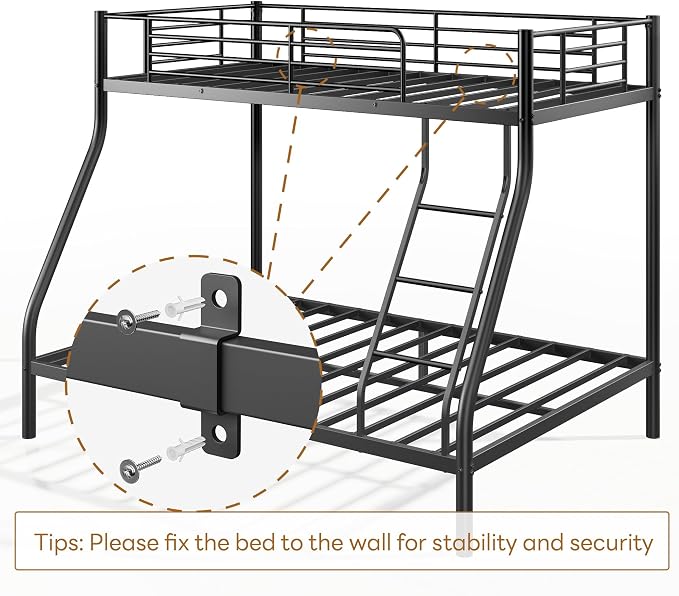 SogeSleep Bunk Beds Twin Over Full Size, More Sturdy Heavy Duty Metal Bunk Bed with Angled Ladder for Teens and Adults, Used for Spaces-Saving, Apartment or Dorm, Noise Free & Easy Assembly, Black