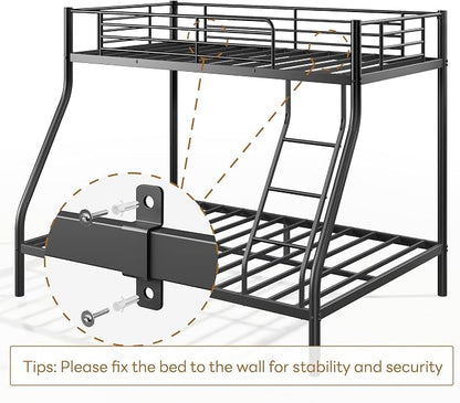SogeSleep Bunk Beds Twin Over Full Size, More Sturdy Heavy Duty Metal Bunk Bed with Angled Ladder for Teens and Adults, Used for Spaces-Saving, Apartment or Dorm, Noise Free & Easy Assembly, Black