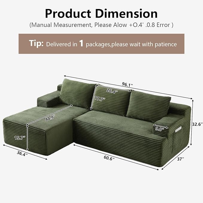 96" Cloud Sectional Couch with L-Shape Chaise, Modular Comfy Sofa Chaise Longue, Upholstered Corduroy Couches Sleeper with Deep Seat for Living Room Bedroom, No Assembly Required(Green, Left Facing)