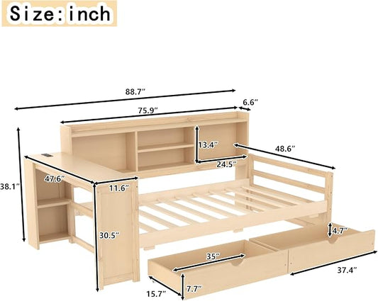 Bellemave Twin Corner Bed Frame with Desk and Storage Shelves,Charging Port, Wood Twin Size Daybed with Bookcase and Drawers, Natural Color