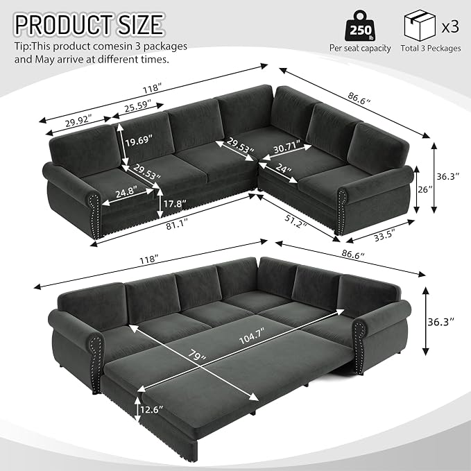 118" L-Shaped Sleeper Couch Bed - Oversize Convertible with Pull-Out Sofa Bed, Button Tufted Chesterfield Sofa, Chenille Sectional Vintage Couches for Living Room/Apartment(6-Seater, Dark Grey)