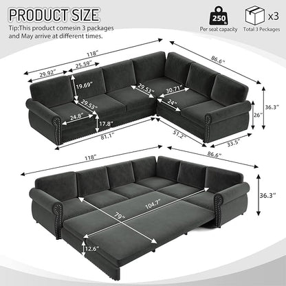 118" L-Shaped Sleeper Couch Bed - Oversize Convertible with Pull-Out Sofa Bed, Button Tufted Chesterfield Sofa, Chenille Sectional Vintage Couches for Living Room/Apartment(6-Seater, Dark Grey)
