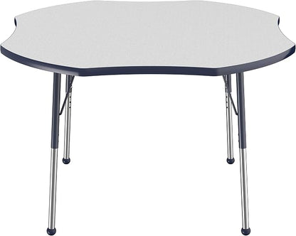FDP Clover Activity School and Office Table (48 x 48 inch), Standard Legs with Ball Glides for Collaborative Seating Environments, Adjustable Height 19-30 inches - Gray Top and Navy Edge