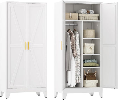 YAUWOH Farmhouse Wardrobe Cabinet,Metal Wardrobe Closet with Hanging Rod,Metal Armoire with Adjustable Shelves for Bedroom, Cloak Room,Office (White)