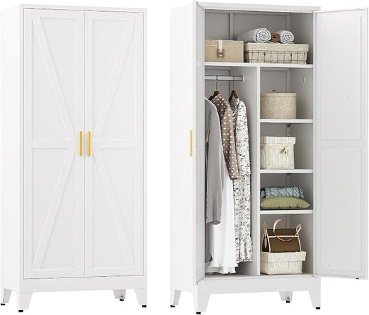 YAUWOH Farmhouse Wardrobe Cabinet,Metal Wardrobe Closet with Hanging Rod,Metal Armoire with Adjustable Shelves for Bedroom, Cloak Room,Office (White)