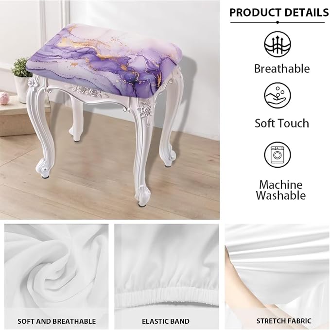 Vanity Stool Covers Bar Stool Covers Set of 2 Light Purple Marble Print Bar Stool Saddle Seat Covers Rectangle Bench Seat Protector Barstool Covers with Elastic Bands for 14-20 inch Stool