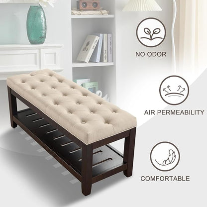 adochr Linen Large Rectangular Ottoman with Storage, Upholstered Entryway Bench for Living Room, Oversized Button Tufted Ottoman with Wood Shelf Storage, Light Brown