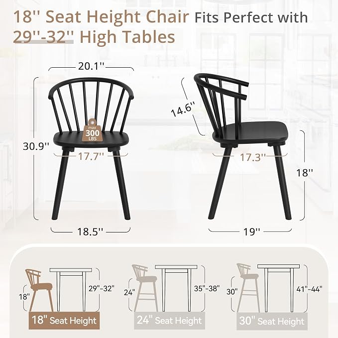 LUE BONA Black Dining Chairs Set of 4, Farmhouse Wood Dining Chairs with Semicircular Backrest, Spindle Dining Chair for Kitchen and Dining Room, 18 Inch