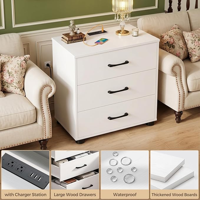 Aheaplus Night Stand with Charger Station, 21.7'' Wider Nightstands with 3 Wooden Drawers, Large Bedside Table, Modern Tall End Side Table, Nightstand for Bedroom, White
