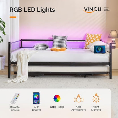 VINGLI Daybed with Trundle Bed Twin, Charging Station and LED Lights,Heavy Duty Metal Twin Daybed with Pop up Trundle for Living Room,Bedroom,Guest Room, No Box Spring Needed,Black