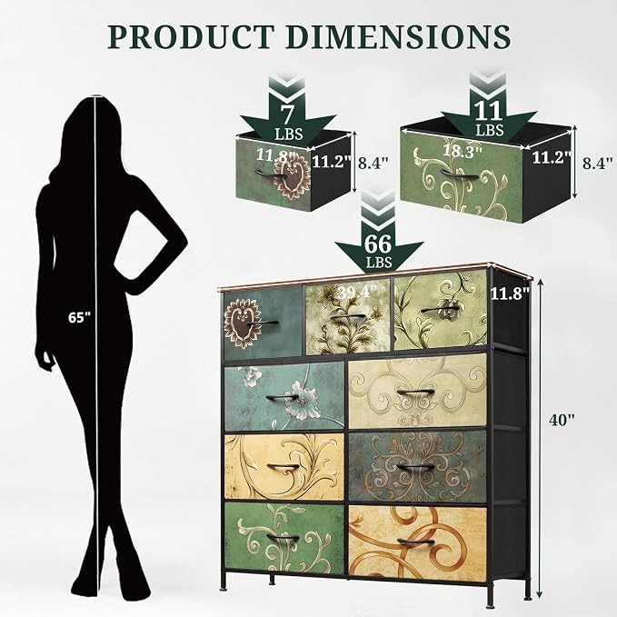9-Drawer Dresser for Bedroom, Anti-Tip Tall Storage Organizer Chest of Drawers with Wooden Top and Metal Frame Fabric Bins for Closet, Living Room, Hallway, Entryway, Floral Painted
