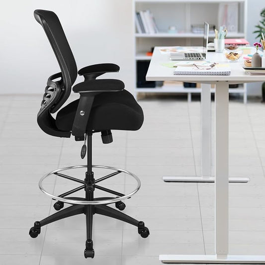 BOLISS 400lbs Mesh Ergonomic Office Drafting Chair Big Adjustable Foot Ring Height Adjustable Armrest(Black)