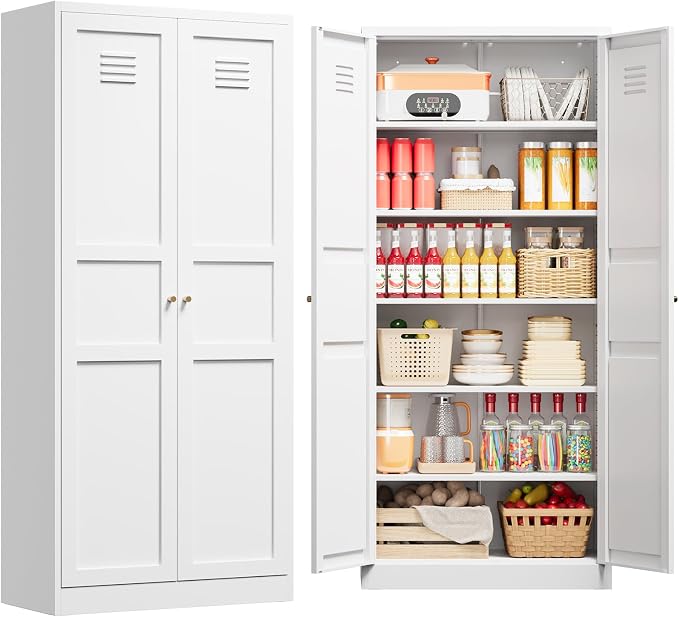 71" Tall Kitchen Pantry Storage Cabinet with 2 Doors and 5 Adjustable Shelve, Metal White Food Pantry Cabinet, Kitchen Cabinet Storage Unit,6 Tier Freestanding Cupboard for Kitchen Dining/Living Room