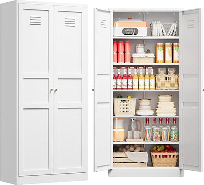 71" Tall Kitchen Pantry Storage Cabinet with 2 Doors and 5 Adjustable Shelve, Metal White Food Pantry Cabinet, Kitchen Cabinet Storage Unit,6 Tier Freestanding Cupboard for Kitchen Dining/Living Room