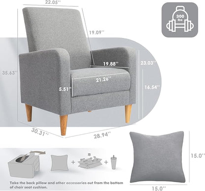COLAMY Mid-Century Modern Upholstered Accent Chair with Back Pillow & Solid Wood Legs, Fabric Cozy Armchair for Living Room, Bedroom, Reading Nook, Apartment & Small Spaces, Lightgrey