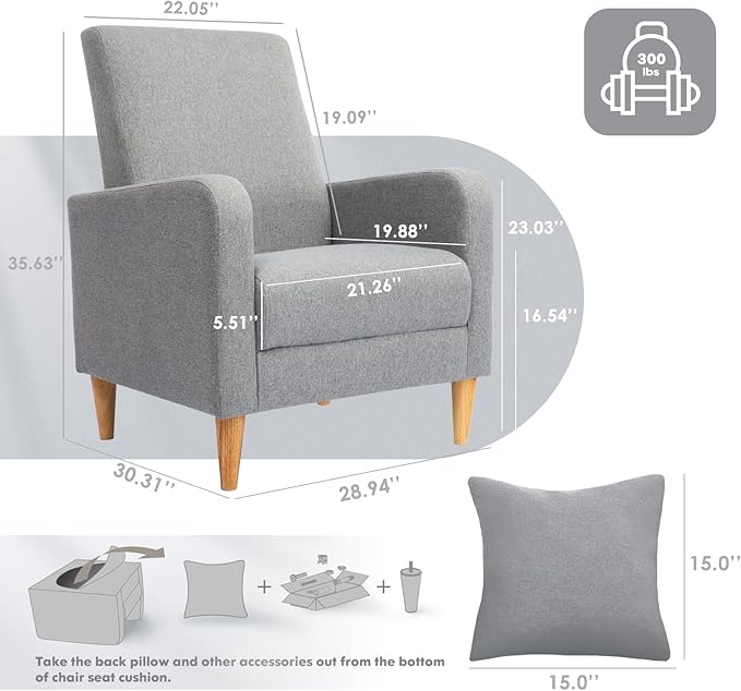 COLAMY Mid-Century Modern Accent Chair, Fabric Upholstered Living Room Chair with Back Pillow & Solid Wood Legs, Comfy Armchair for Living Room, Bedroom, Single Sofa, Grey