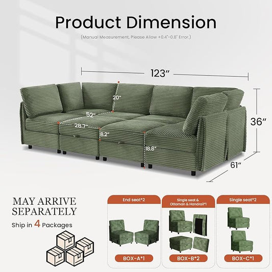 KKL 123" Oversized Sofa Bed with Storage Ottoman for Living Room,Convertible Modular Sectional Couches L/U/J-Shaped Sleeper Sofa Bed Plush Wide-Wale Corduroy Couch, Apartment, Green