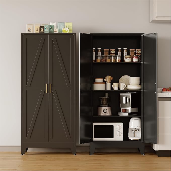 COFaR 61'' Tall Metal Storage Cabinet, Farmhouse Kitchen Pantry Cabinet with Doors and 3 Adjustable Shelves, Black Metal Cabinets for Garage, Kitchen, Bathroom, Laundry, 4-Tier