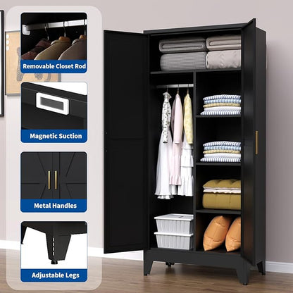 Steel Armoire Wardrobe Closet, 71" Metal Clothing Storage Cabinets with 2 Doors & 3 Adjustable Shelves, Black Wardrobe Cabinet with Hanging Rod for Bedroom, Gym