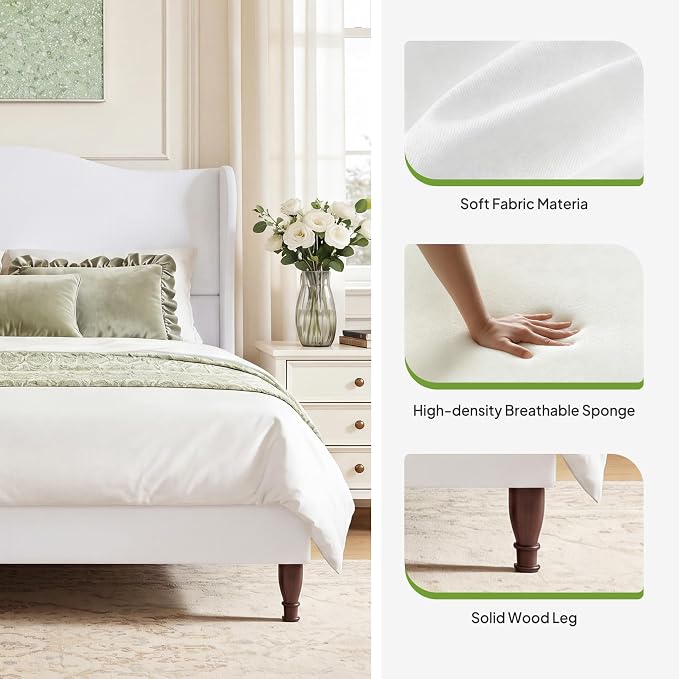 Welzona Full Size Bed Frame 51" Tall Wingback Headboard, Soft Fabric Upholstered Platform Bed with Solid Wood Legs and Wooden Slats Support, No Box Spring Needed, Easy Assembly,White