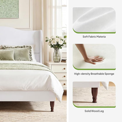 Welzona Full Size Bed Frame 51" Tall Wingback Headboard, Soft Fabric Upholstered Platform Bed with Solid Wood Legs and Wooden Slats Support, No Box Spring Needed, Easy Assembly,White