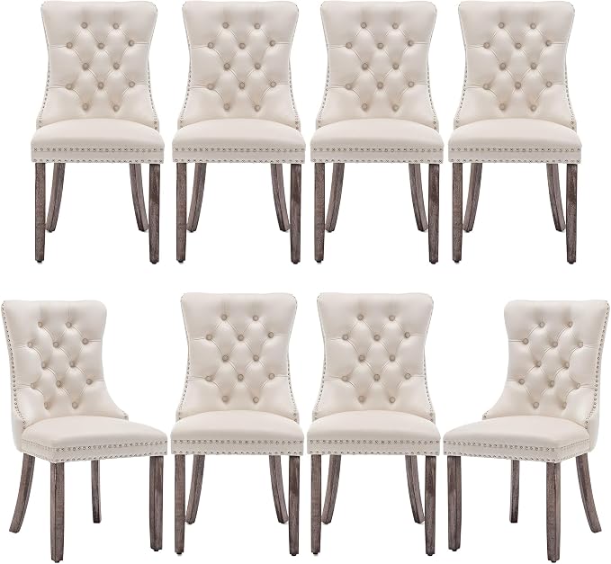 Mid Century Modern Dining Chair Set of 8 Velvet Upholstered Dining Accent Chair Farmhouse Dining Chairs with High Back and Nailhead Trim for Kitchen, Living Room, Bedroom (Beige)