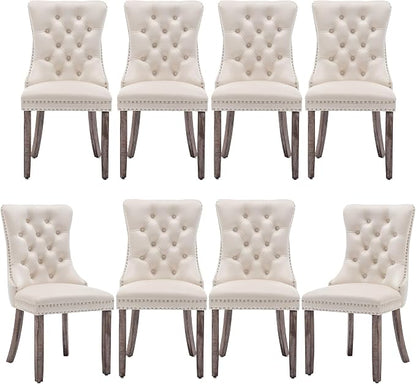 Mid Century Modern Dining Chair Set of 8 Velvet Upholstered Dining Accent Chair Farmhouse Dining Chairs with High Back and Nailhead Trim for Kitchen, Living Room, Bedroom (Beige)