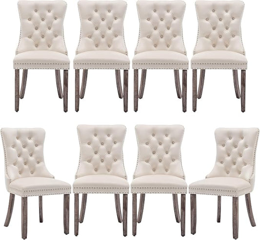 Mid Century Modern Dining Chair Set of 8 Velvet Upholstered Dining Accent Chair Farmhouse Dining Chairs with High Back and Nailhead Trim for Kitchen, Living Room, Bedroom (Beige)