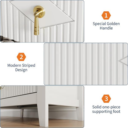 GarveeHome Wood Nightstand Fluted Dresser for Bedroom, 27.5" Wide 3-Drawer Bedside Tables, Modern Chest of Drawers, Storage End Table Living Room, Hallway, Entryway, White
