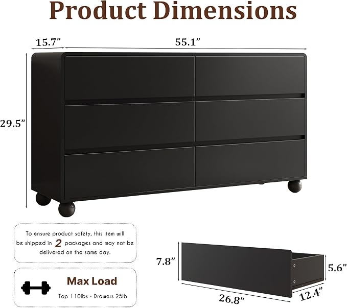 MAISONARIA Mid-Century 3-Piece Dresser Bedroom Set, 6 Drawer Dresser & 2 Drawer Nightstands with Curved Profile Design & Handle Free, Wood Chest of Drawers for Bedroom, Living Room, Hallway, Black