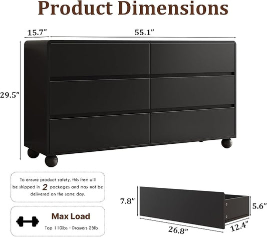 MAISONARIA Mid-Century 3-Piece Dresser Bedroom Set, 6 Drawer Dresser & 2 Drawer Nightstands with Curved Profile Design & Handle Free, Wood Chest of Drawers for Bedroom, Living Room, Hallway, Black