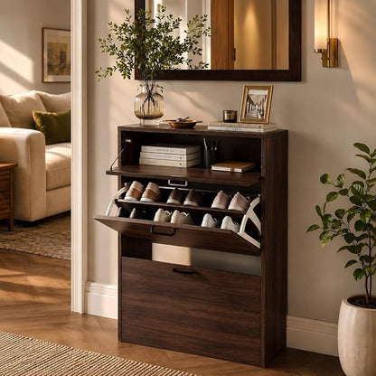 VINGLI Shoe Cabinet Storage for Entryway Ultra Slim with 2 Flip &1Drop-Down Drawers, 24.8" W Narrow Shoe Cabinet for Front Door Entrance,Freestanding Walnut Wood Shoes Organizer for Hallway