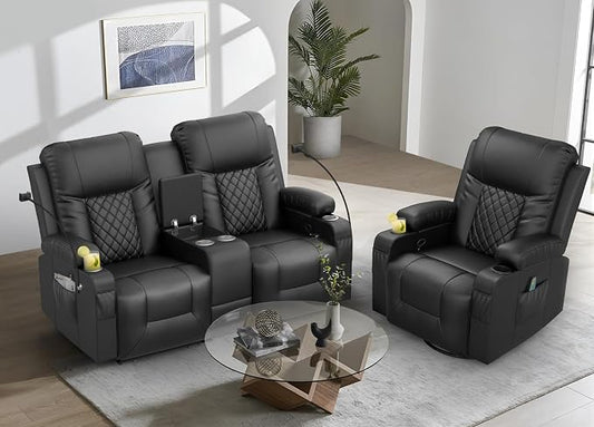 YONISEE Living Room Furniture Set, Loveseat Recliner 2 Seater and 360° Swivel Recliner Chair with Massage, Luxury Reclining Sofa 2PC Set for Living Room (2+1)