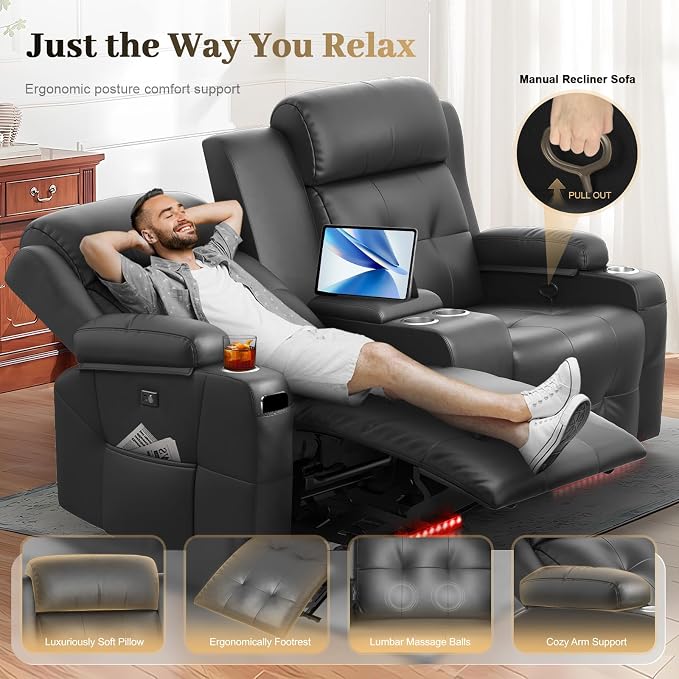 Reclining Loveseat, Massage Loveseat Recliner Sofa Heavy Weight Capacity, RV Love Seat Chair Clearance with Console, USB, Type C Port, Storage, Cup Holders, Wall Hugger Couch for Living Room