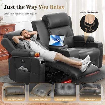 Reclining Loveseat, Massage Loveseat Recliner Sofa Heavy Weight Capacity, RV Love Seat Chair Clearance with Console, USB, Type C Port, Storage, Cup Holders, Wall Hugger Couch for Living Room