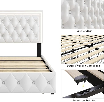Keyluv Full Size LED Bed Frame with 4 Storage Drawers and Adjustable Headboard, PU Leather Upholstered Button Tufted Modern Platform Bed, Solid Wooden Slats Support, Easy Assembly, White