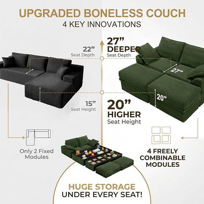 Upgrade Boneless Couch with Storage, Extra Deep&High Seat Modular Sectional Sofa 2 Seater Loveseat Sofa with Ottoman, Tool-Free Assembly Sectional Couches for Living Room Bedroom Apartment