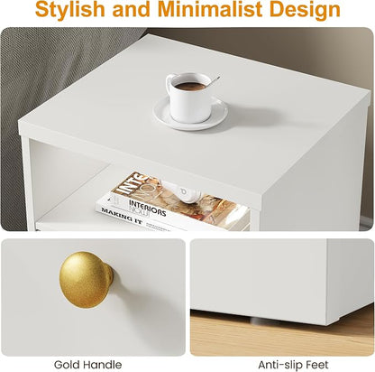 RoyalCraft White Nightstand Set of 2, End Table with Storage Shelf and Door, Faux Two-Drawer Design Side Table, Modern Night Stand for Bedroom Dorm, Wood Beside Table for Small Spaces