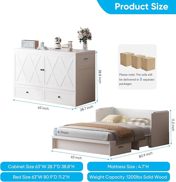 Mjkone Queen Murphy Bed, Cabinet Bed with Tri-Folding Mattress, Modern Space-Saving Murphy Cabinet Beds Queen Size with 2 Storage Drawers and USB Charging Station for Guest Room, Office, White